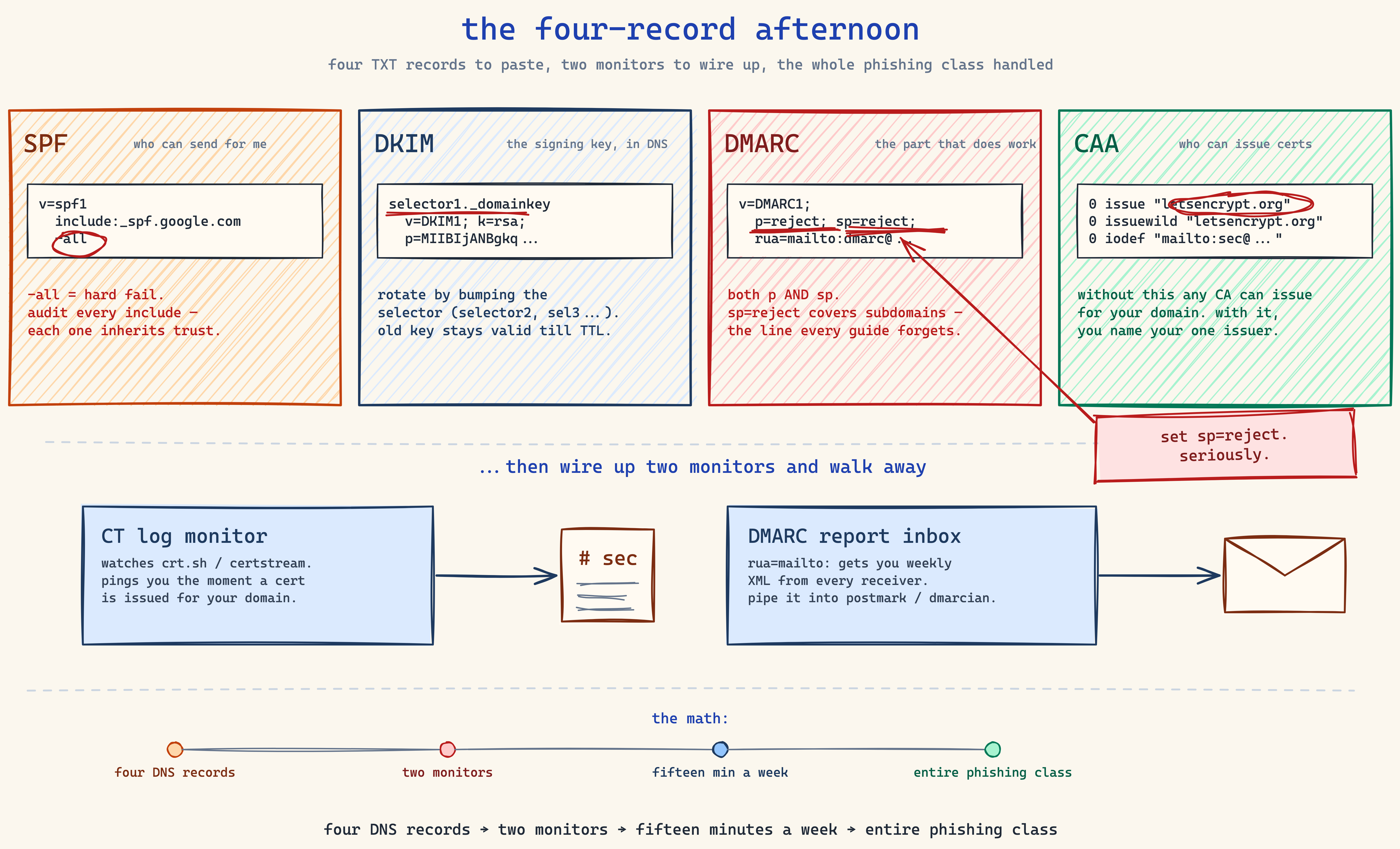 A hand-drawn napkin showing the four DNS records as a cheat sheet, written in marker, ready to copy into a DNS panel. Top of the napkin reads 'the four-record afternoon'. Four labeled blocks underneath: SPF as a TXT record with `-all` circled in red, DKIM as a TXT record with the selector subdomain highlighted, DMARC with `p=reject` and `sp=reject` both underlined twice, CAA with the issuer name circled. Bottom of the napkin has two boxes labeled 'CT log monitor' and 'DMARC report inbox', with arrows pointing to a small Slack icon and a small email icon. A red callout at the bottom reads 'fifteen minutes a week'.