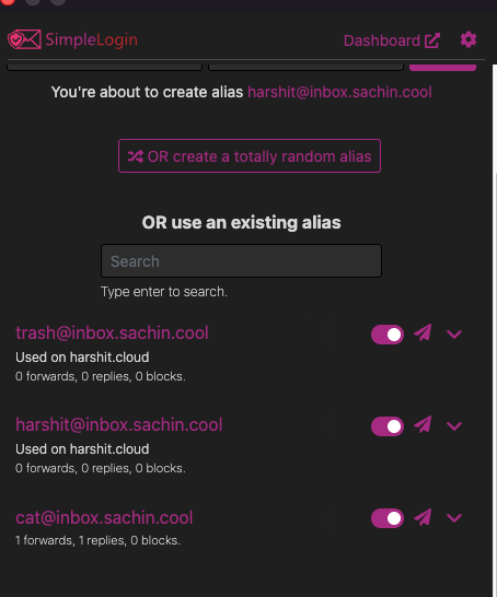 Browser extension showing existing aliases for the current site